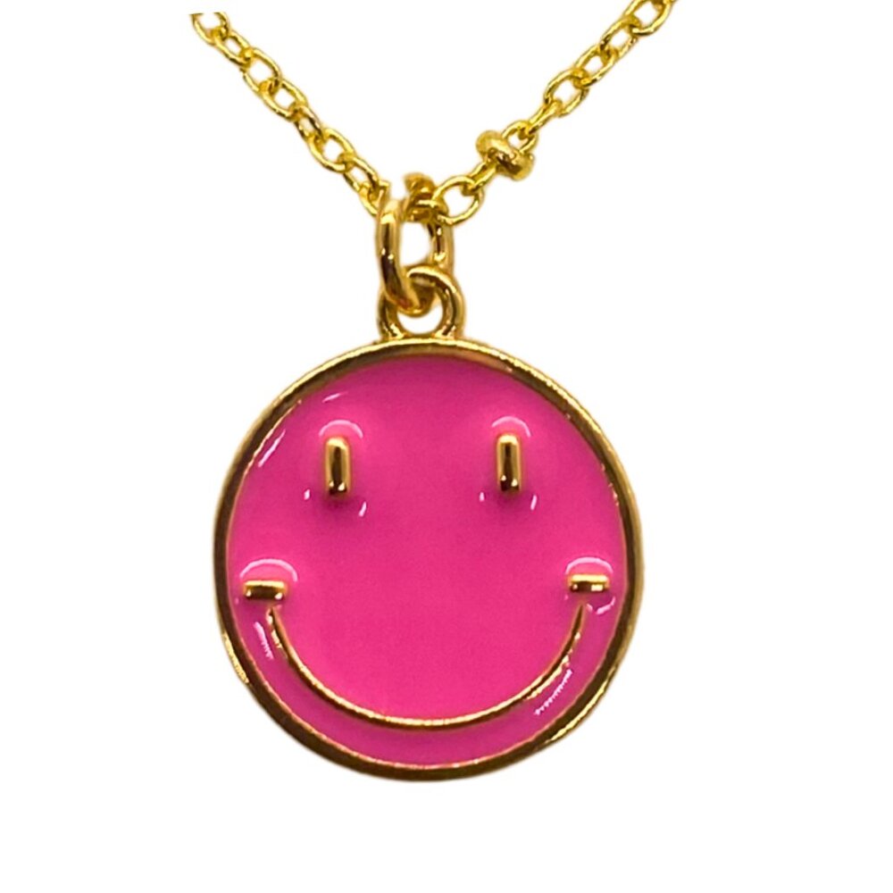 Pink Smiley Face Pendant Necklace – Gold Chain – Cute Y2K Charm – New